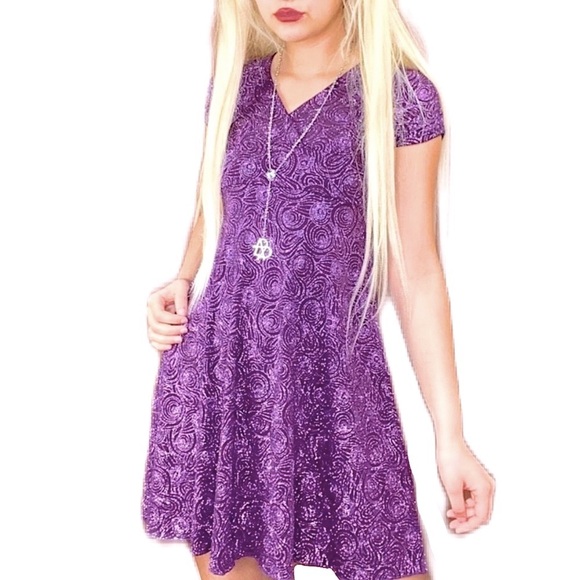 PURPLE SWIRL GLITTER SPARKLY WHIMSIGOTH PSYCHEDELIC TIE UP WAIST MINI DRESS - Picture 1 of 6